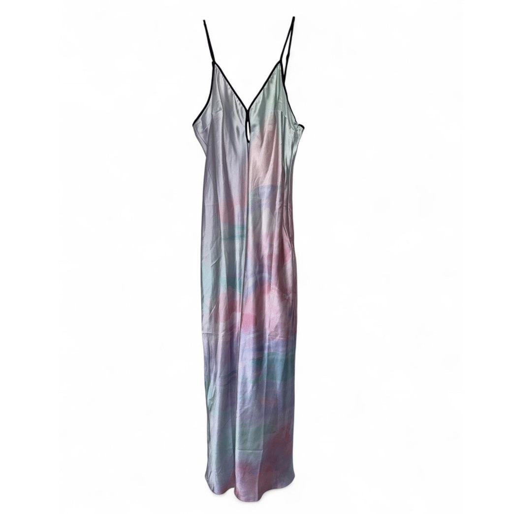 Nwt Anthro Geisha Designs Silk Slip Maxi Dress L Pink Blue Pastel Satin *Flaw